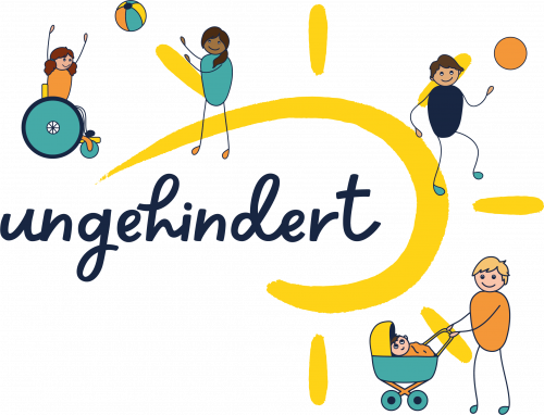 Ungehindert Keller Obertshausen - Logo mit Illustration von Kindern in Bewegung mit Ball, Kind mit Rollstuhl, Frau mit Säugling im Kinderwagen